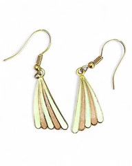 Vintage Art Deco Coral & Cream Fan Enamel Dangle Earrings Geometric Gold Tone