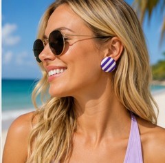 Vintage Medici Purple White Striped Dome Earrings Surgical Steel Posts Hong Kong
