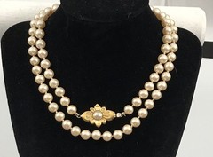 Vintage Champagne Knotted Faux Pearl Flower Clasp Long Necklace 30 In. #1028