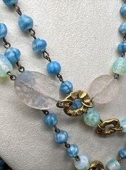 Vintage Freirich Blue White Green Pink Art glass Goldtone 62” necklace earring