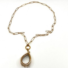 VTG Gold Tone Teardrop Floating Locket Necklace Crystal Accent Paperclip Chain