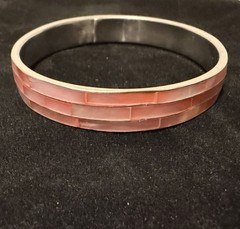 Bangle Bracelet Mother of Pearl Pink Shell Inlay on Silver Retro Boho Mosaic