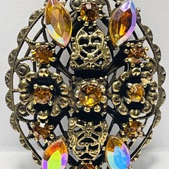 VINTAGE Gold Tone Filigree Amber Rhinestone Brooch AB Navette Statement