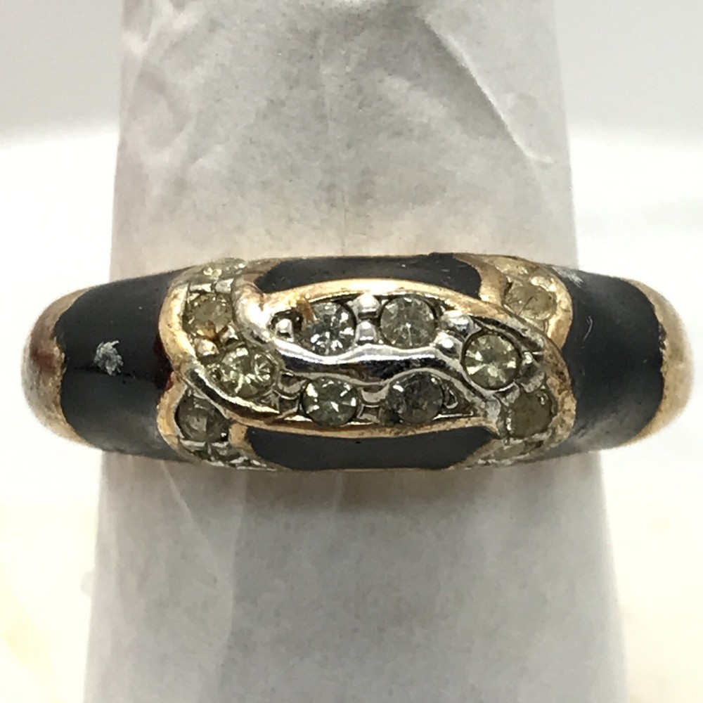 Vintage 18K HGE Gold Plated Black Enamel & Rhinestone Ring varied sizes