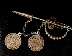 Antique c1900 Sterling Silver Sword Brooch Victorian Canadian Coins 2-1/4” 6.3g