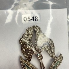 VTG Art Deco Pot Metal Floral Brooch c. 1930s Large Silver Tone Rhinestones