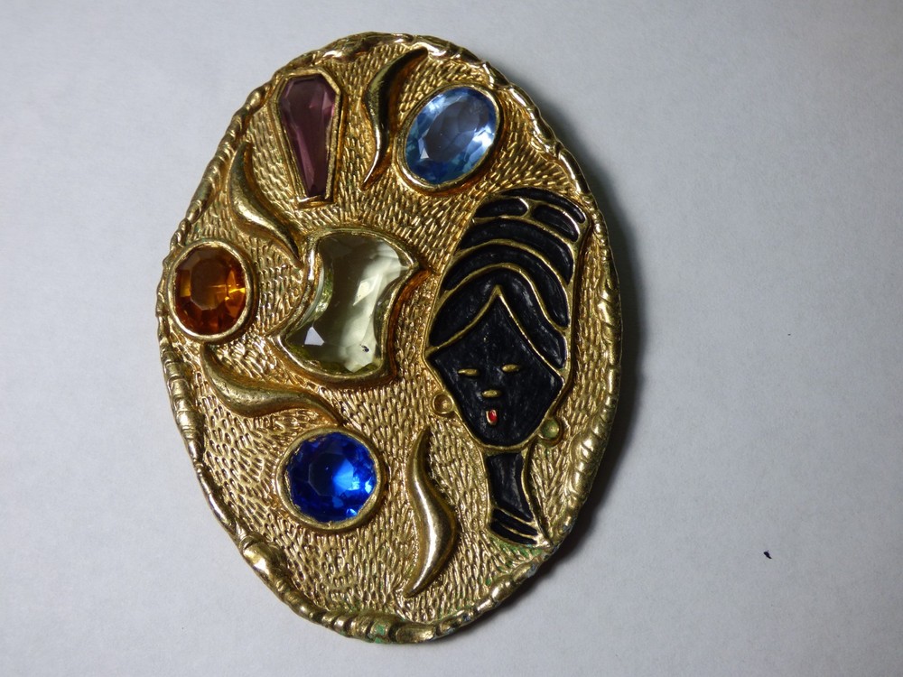 1970’s Modernist brooch pin texture gold tone 5 Multicolor multifacet Cabochons