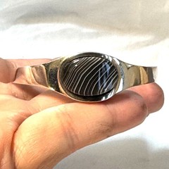 Black Lace Agate Bezel Set Cuff Bracelet 925 VTG Sterling Silver 2.25” Diameter