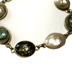 Vintage Silver Tone Abalone Link Bracelet 1970’s Paua Shell Oval Cabochons 7.5″