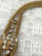BRAIDED Goldtone Mesh & Clear Rhinestone 15″ Necklace & 1-1/4 x 1″ Clip Earrings