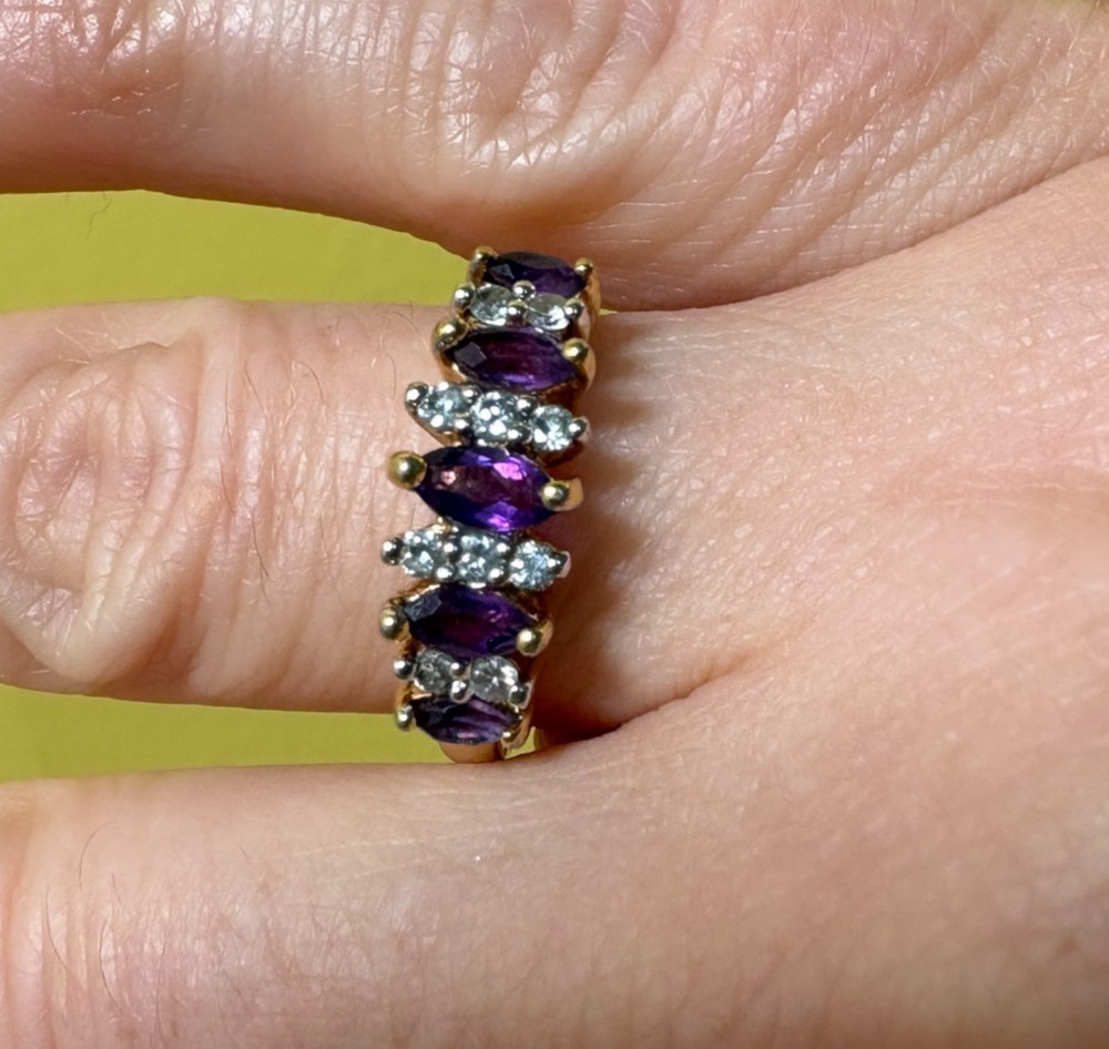 Vintage Purple Marquise Stone & Clear Accent Ring Gold Tone Estate Jewelry