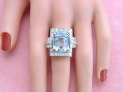 ESTATE ART DECO 10ct AQUAMARINE 1.35ctw DIAMOND PLATINUM STATEMENT COCKTAIL RING