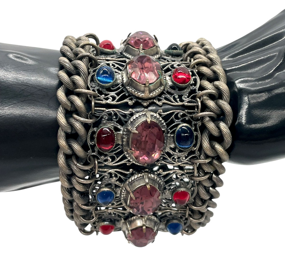 VTG/ANTIQUE Czech open-work silver-tone Mogul rhinestone chain Chunky bracelet