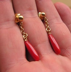 Earrings coral red genuine untreated blood of ox gold Italy drop heart