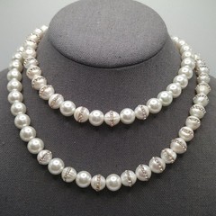 Handcrafted Freshwater Pearl Rhinestone Necklace 32” Long Statement Strand