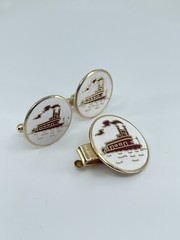 Mr Tara River boat cufflinks and tie clip set red gold white enamel 1″