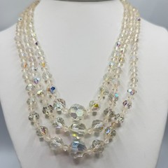Vintage Triple Strand Cut Glass Crystal Necklace Adjustable Length ca 1950s