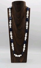 Geometric Beaded Necklace White Blue Asymmetrical shapes Silver tone 33 in