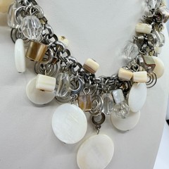 Vintage Silver Tone Mother of Pearl Necklace Multi Strand Cluster Charm Bib Boho