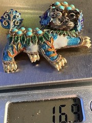 Antique Chinese Silver Gilt Enamel Vermeil Filagree Foo Fu Dog Lion Brooch Pin
