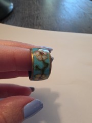 VTG Chinese Blue Cloisonne Enamel And Copper Ring Flowers Leaves Stems Sz 7