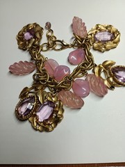 Vintage 1950s Pink Purple Lucite Leaf Charm Choker 16″ Necklace & Bracelet Set