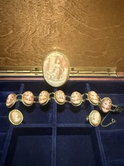 Vintage Italian 800 Silver Vermeil Cameo Jewelry Set Three Graces Clip Earrings
