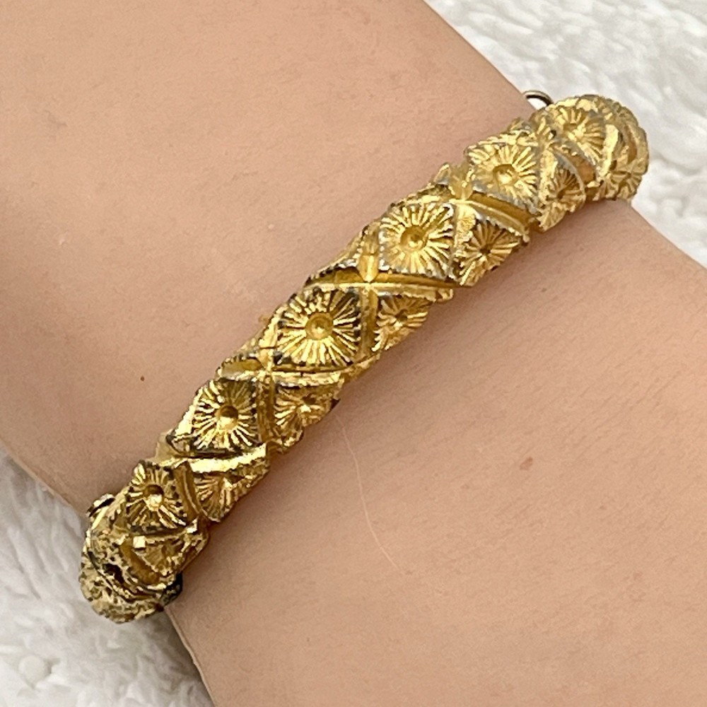 Vintage Hinged Bracelet Textured Gold Tone Etruscan Revival Safety Chain