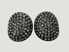 Large Black Lucite Flush Set Rhinestone Clip Earrings Mid-Century Vintage