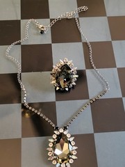 Vintage Sorrelli Smoky Gray Black Diamond Crystal Teardrop Necklace & Ring Set