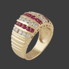 Solid 14K Yellow Gold, Seven Row 1.35 CTW Ruby & Diamond Cigar Band Estate Ring