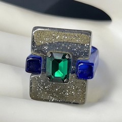 Modernist Lucite Ring Blue Black Glitter Rhinestone Size 8 Chunky Post Modern