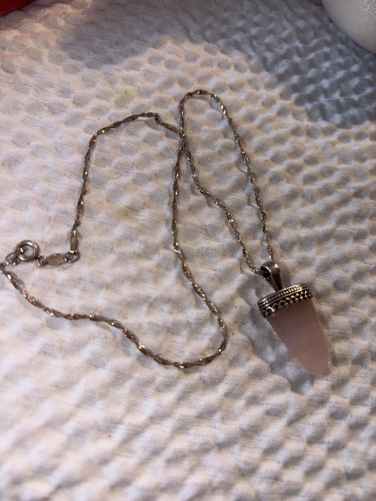 Woman’s Vintage Sterling Silver Necklace With Pink Quartz Pendant Signed 925