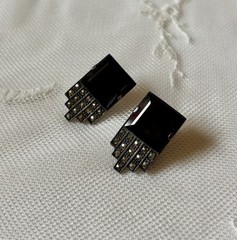 Vintage Sterling Silver Earrings Black Onyx and Marcasite- Art Deco