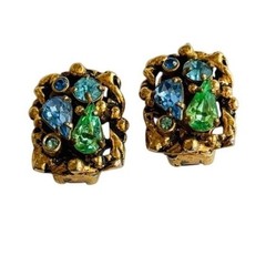 Barclay Earrings VTG Estate Crystal Rhinestone signed Aqua green gold clip rare