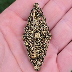 Antique Brooch Czech Glass Brass Filigree Pin Ruby Red Purple Czechoslovakia