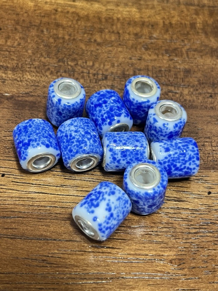 VINTAGE Antique Old Stock Blue White Art Glass Metal BEAD Lot Of 10