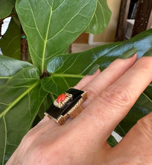 Estate Mid-Century Coral & Onyx Cocktail Ring | 14k Yellow Gold | Ribbed Shank