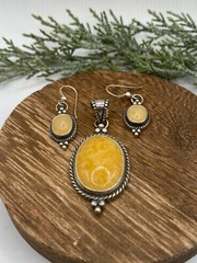 Vintage Sally Treasures, sterling, southwestern, amber pendant & earrings set