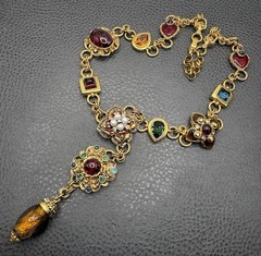 Vtg Jose & Maria Barrera Byzantine Revival Rhinestone Drop Pendant Necklace 25”