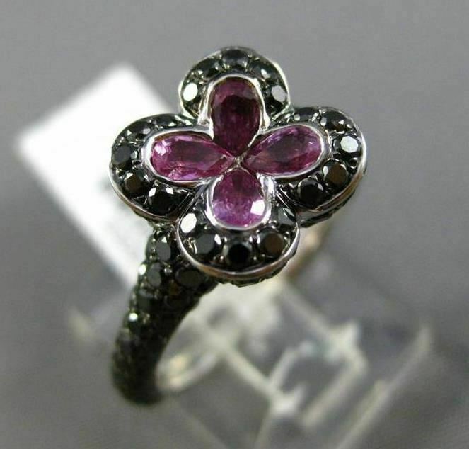 ESTATE LARGE 2.46CT BLACK DIAMOND & SAPPHIRE 14KT WHITE & BLACK GOLD FLOWER RING