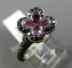ESTATE LARGE 2.46CT BLACK DIAMOND & SAPPHIRE 14KT WHITE & BLACK GOLD FLOWER RING