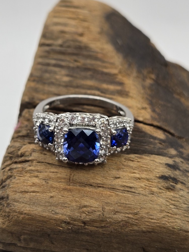 Designer JH Sterling Blue & Clear CZ Stone Ring – Size 7.5 Halo EUC
