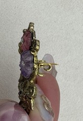 Vintage Victorian Revival Flower Basket Brooch Gold Tone Molded Glass Rhinestone