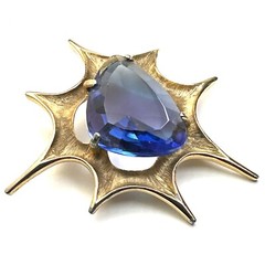 Atomic Blast Brooch Pin Signed BSK Gold Tone Blue Stone Starburst Vintage MCM