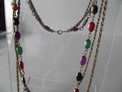 Triple Graduated Chain Necklace Purple green red black Bezel Set crystals vtg