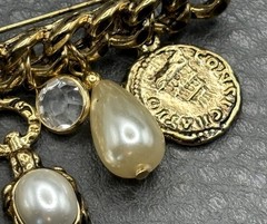 Vintage Gold Tone Charm Brooch Pearl Crystal Stations Coin Medallion Dangles