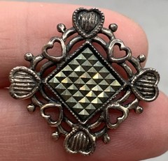 Vintage KC Sterling Silver Marcasite Hearts Boarder Diamond Shaped Brooch