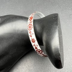 Vintage Enamel Bangle Bracelet White Red Brown Folk Art Bird Floral Boho Retro