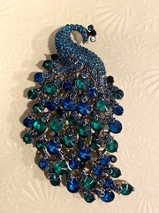 Vintage Peacock Brooch/pendant With aqua, Blue & Green Rhinestones Elegant Jewel